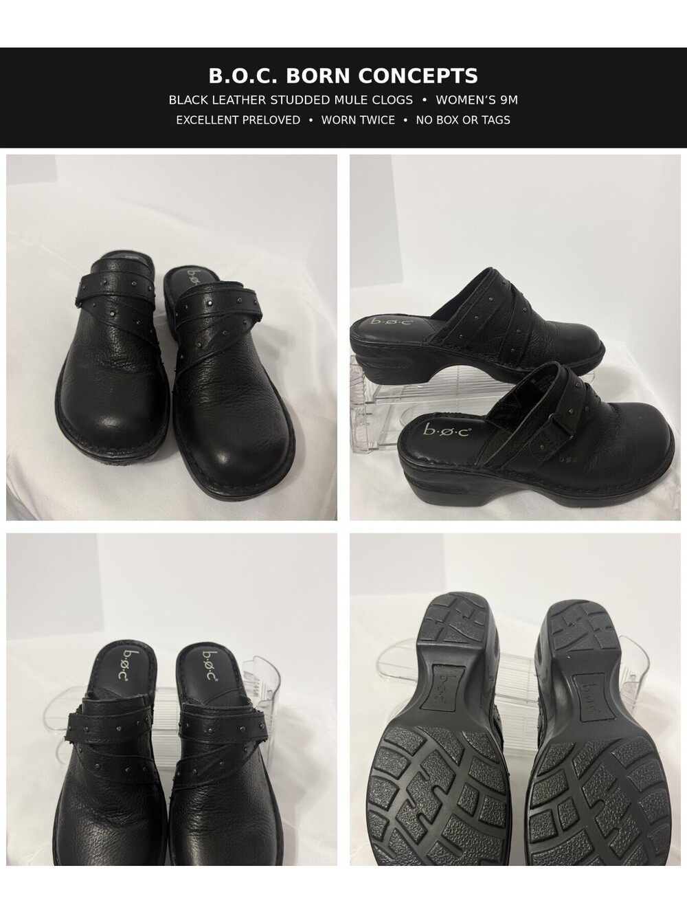 B.O.C. Born Concepts Black Leather Studded Mule Clogs Women's 9M